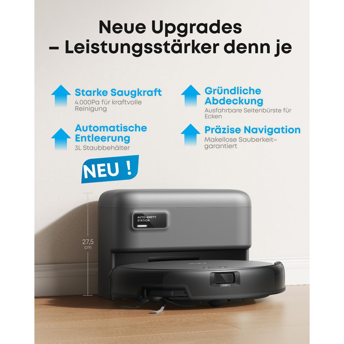 Робот-пилосос eufy C10 з автоматичною станцією самоочищення, ультратонкий 7,3 см, очищення килимів, бічна щітка для кутів, точкова лазерна та інфрачервона навігація