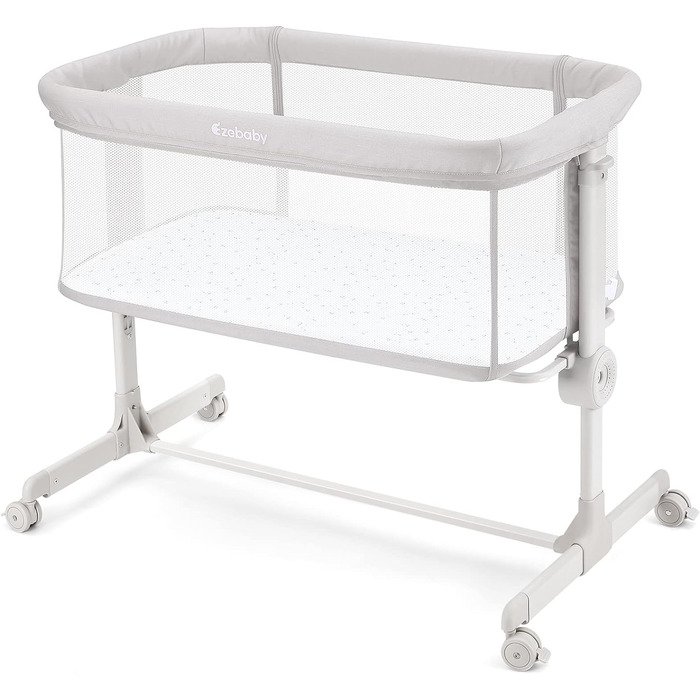 Ezebaby Bedside Sleeper, 2-in-1 Baby Bed from Birth up to 9 kg, Co-Sleeper with 7 Height Adjustments, Includes Mattress/Foldable Side Rail/Wheels, Mesh Fabric Crib (Dark Grey)