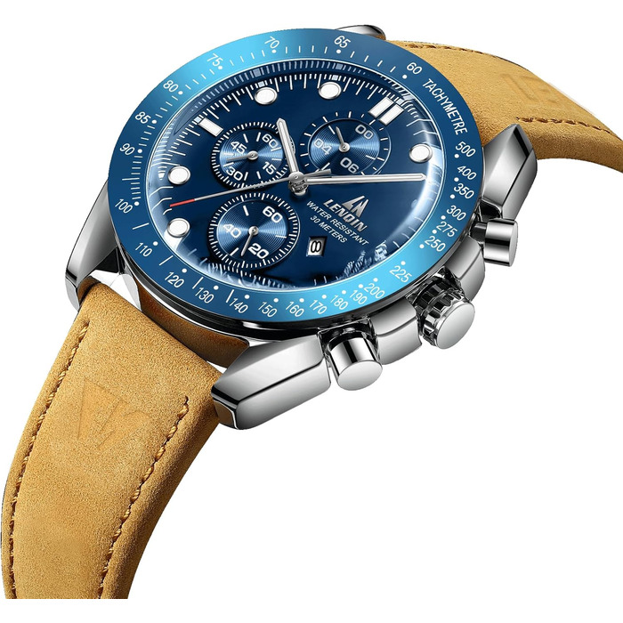 Годинник чоловічий LN LENQIN аналоговий кварцовий з датою, водостійкий 30M, модальний, повсякденний, коричневий, сріблястий, блакитний, без хронографа