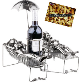 BRUBAKER Wine Bottle Holder - Loving Couple on Vacation - Metal Sculpture Bottle Stand, Reclining Couple Under Palm Tree - Silver Metal Figure Bottle Holder, Wine Gift for Vacationers with Greeting Card