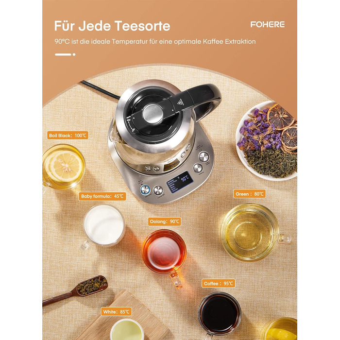 Kettle with Temperature Setting - FOHERE 2200W Glass Kettle - 6 Presets - 2 Hour Keep Warm Function - 1.7L Tea Maker - LCD Screen - Stainless Steel Base