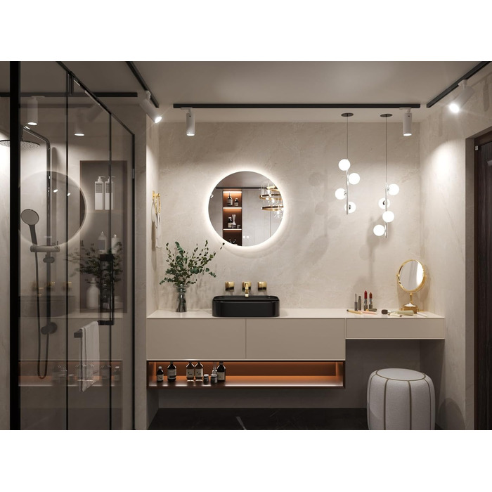 Дзеркало для ванної кімнати Keonjinn кругле, 60см з підсвічуванням, антизапар, сенсорне управління, пам'ять, 3 кольори світла, регулювання яскравості, LED, без рамки