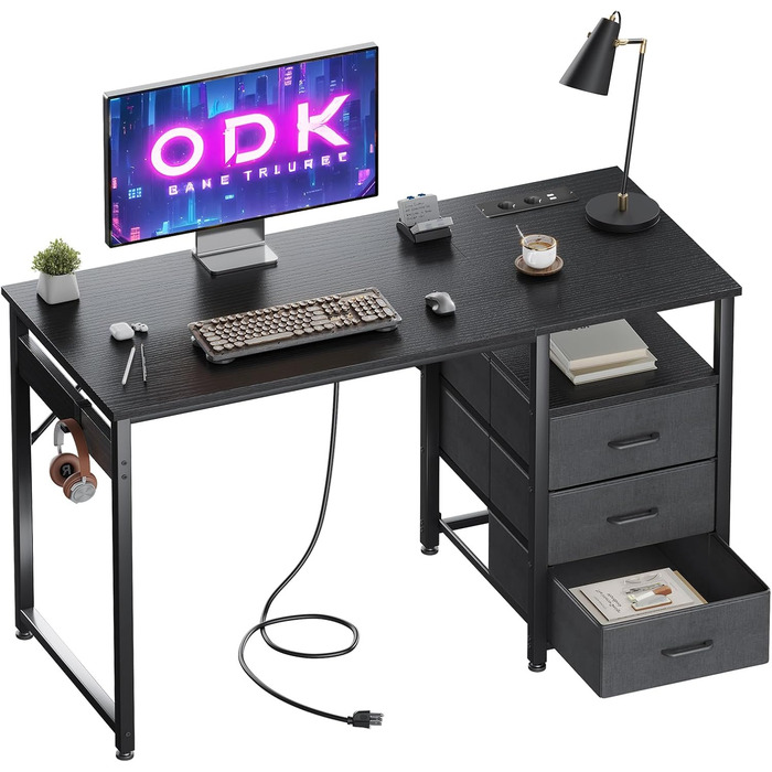 Комп'ютерний стіл ODK з 3 тканинними шухлядами, 2 розетками та USB-портами, реверсивний письмовий стіл для домашнього офісу, чорний, 120x48x75.5 см