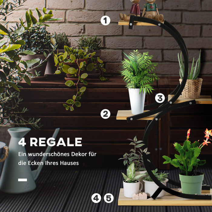 Outsunny Plant Shelf S-Shaped Flower Ladder 4-Tier Plant Stand with Metal Frame and Solid Wood Black 46x25x91cm for Garden & Balcony