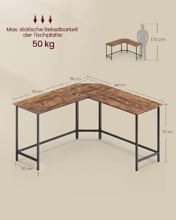 Кутовий письмовий стіл VASAGLE L-подібний комп'ютерний стіл, 140 x 140 x 74,7 см, вінтажний коричневий та чорний