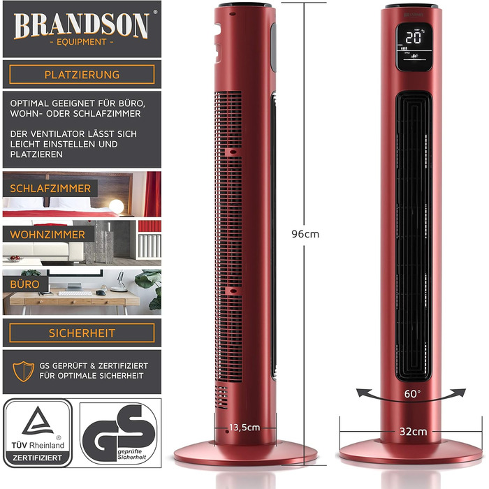 Турбовентилятор Brandson з пультом керування, 96 см, 45W, 3 швидкості, блакитний (F: Рубіново-червоний)