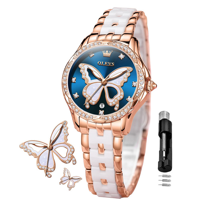 Годинник жіночий OLEVS з діамантами, елегантний, рожеве золото, керамічне скло, блакитний циферблат