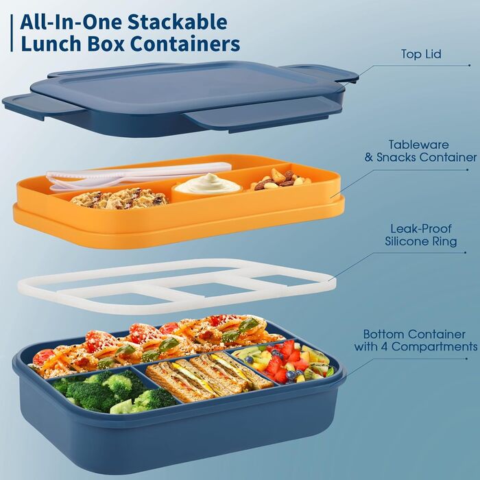 Ланчбокс для дорослих Sinnsally, 2000 мл, з відділеннями, Bento Box, з посудом, зелений