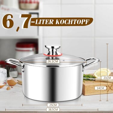 Каструля Joyfair Kochtöpfe з кришкою з термостійкого скла, 3.3L, преміум-якість, нержавіюча сталь, для всіх типів плит, індукція, 26 см