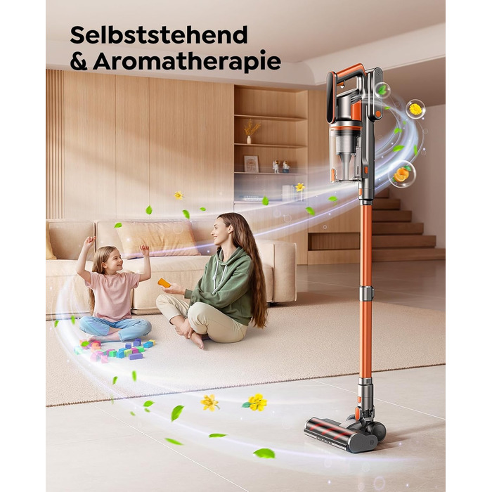 Бездротовий пилосос Fieety з акумулятором, 600W, 50kPa, 65 хв роботи, док-станція на стіні, ароматерапія, автоматичний режим, сенсорний дисплей, висувний шланг 1 м для твердих поверхонь, килимів, шерсті тварин та авто