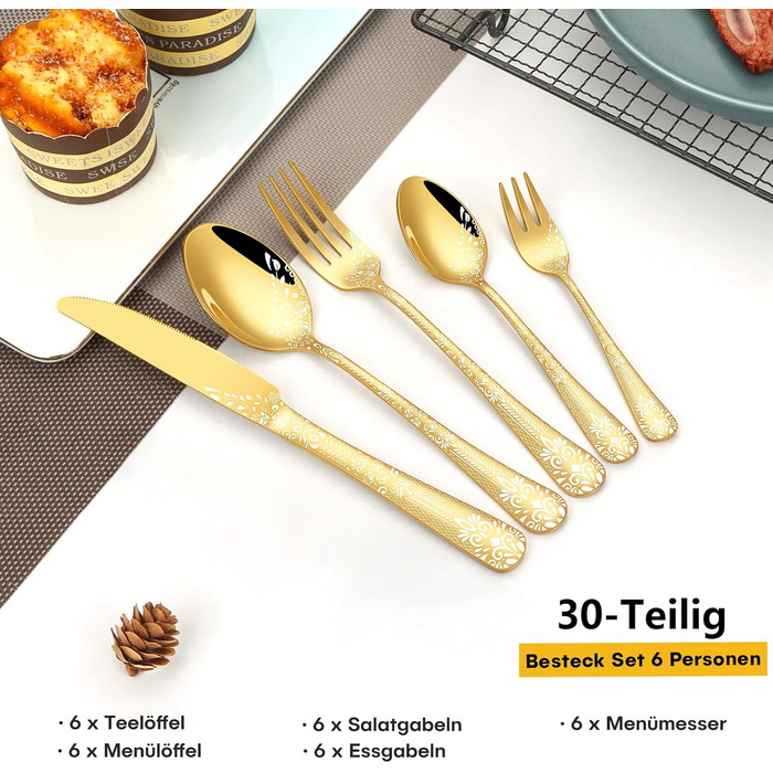 Gold Cutlery Set for 6 People, HONKKU 30-Piece Stainless Steel Cutlery Set, Dining Cutlery Set Mirror Polished with Floral Patterns, Fork Spoon Knife Set Dishwasher Safe