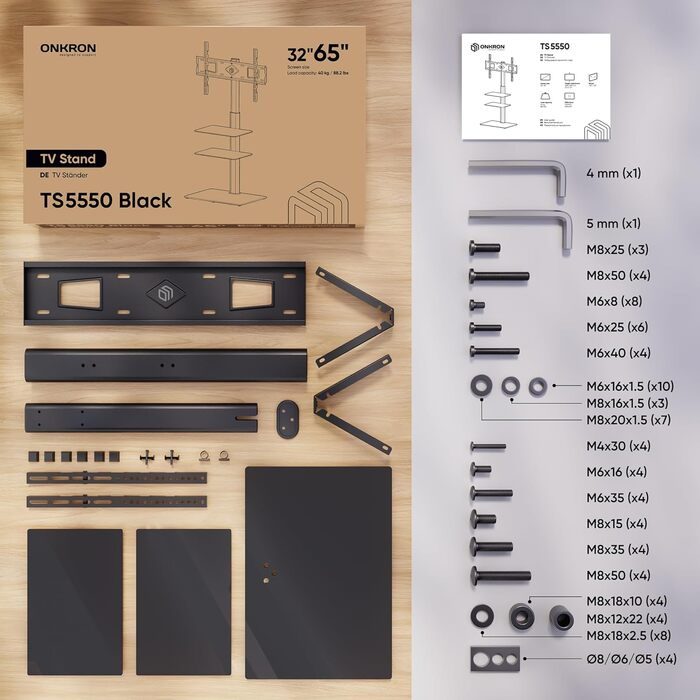 Настінна/Підлогова стійка для телевізора ONKRON TS5550-B: поворотна, регульована по висоті, VESA 600x400, 2 полиці, чорне скло
