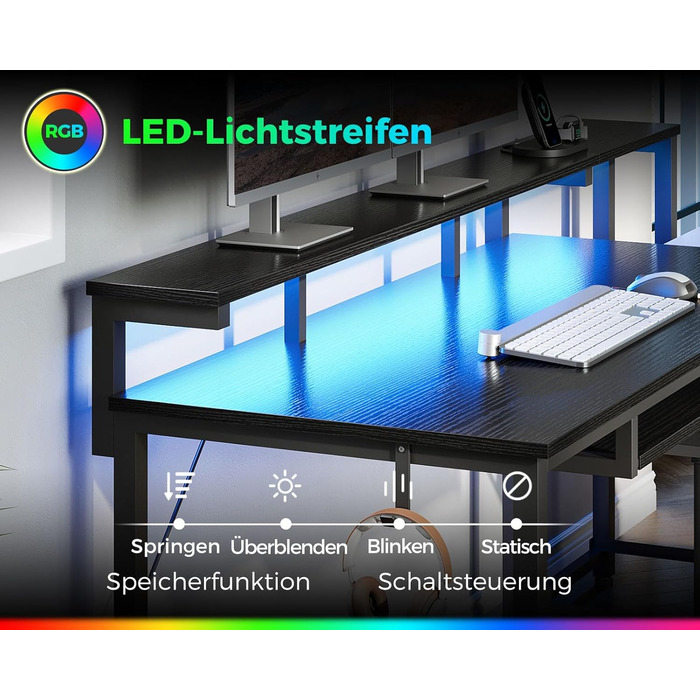 Ігровий стіл Coleshome з LED підсвічуванням, 140x48 см, з ящиками з тканини, стіл для комп'ютера з 2 розетками та 2 USB-портами, стіл для геймінгу з підставкою для монітора для дому/офісу, чорний 140x48 см