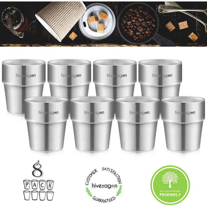 Hivexagon 300ml Set of 8 Double-Walled Stainless Steel Cups - Ideal for Cold Drinks - Dishwasher Safe HG298