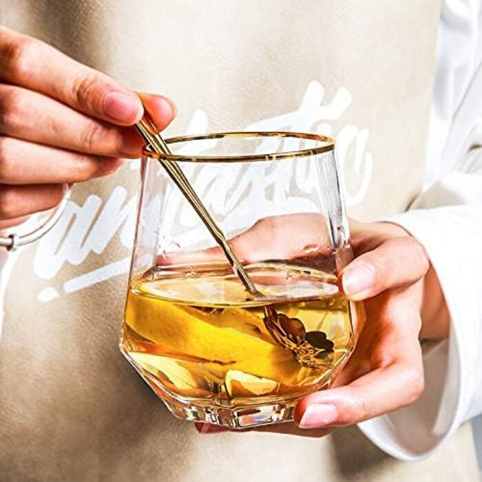 Diamond Whiskey Glasses 4-Piece Set, Tilted Scotch Glasses 300 Ml, Modern Look Whiskey Glasses for Men, Women, Dad, Husband, Friends, Glassware for Bourbon/Rum/Bar Tumbler, Clear + Gold Rim 4