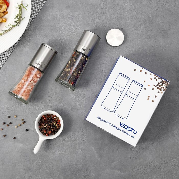 Набір з 2 мельниць для солі та перцю Vzaahu з керамічним механізмом, регулювання помелу, сірі та блакитні, портативні, багаторазові