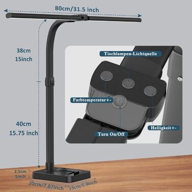 LED настільна лампа Doppelkopf з регулюванням яскравості, 24W, 80см, велика та яскрава, захист очей, чорний колір, гнусий шийка, 25 режимів освітлення, для офісу та дому