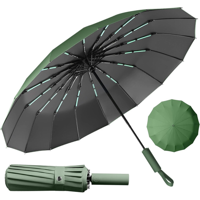 Стійкий до вітру парасолька-тростина, автоматичний, великий, з 16 ребрами, покриття Teflon 210T, захист від УФ-променів (зелений)