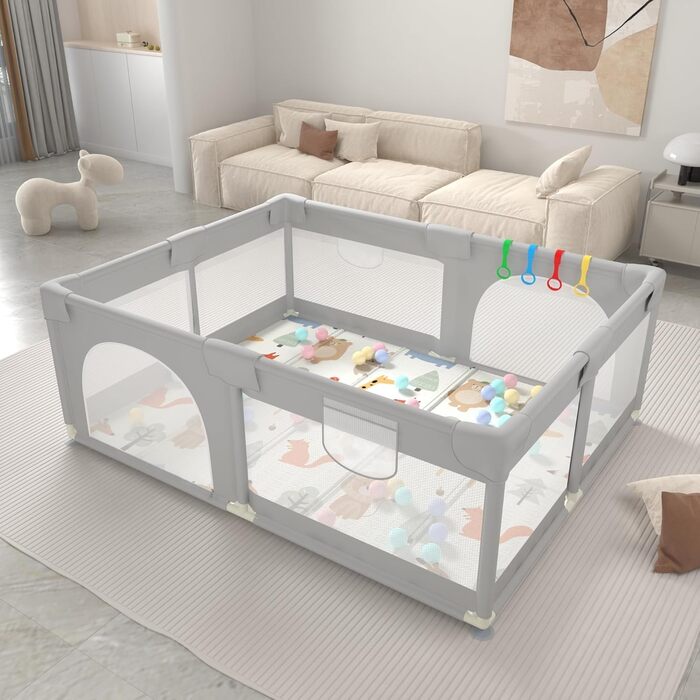 Playpen Baby, 200x160 CM Extra-large playpen for indoor and outdoor use, baby playpen with soft, breathable mesh, includes 50 balls, 6 pull rings