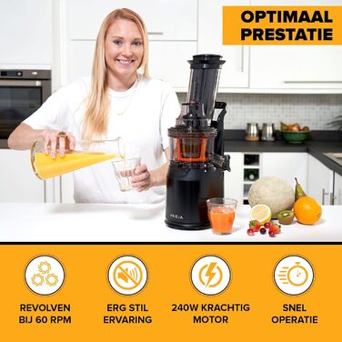 Fridja High-Performance Juicer for Whole Fruits and Vegetables, Sorbet, Ice Cream, 75mm Feed Chute with Wide Mouth, BPA-Free, 240 Watts, Cold Press, Black Stainless Steel f1900, Black
