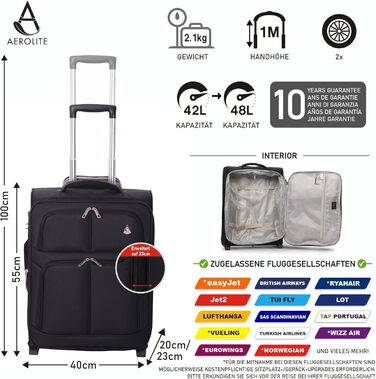 Розширюваний валіза Aerolite 55x40x20/23 см – ручна поклажа для Lufthansa, Eurowings, Condor, SunExpress, TUI (Чорний)