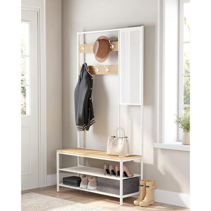 VASAGLE Clothes Rack, Coat Rack, Coat Stand with Hooks, Mirror, Bench, 35 x 98 x 180 cm, for Entryway, Bedroom, Living Room, Modern, Oak-White HSR415W09