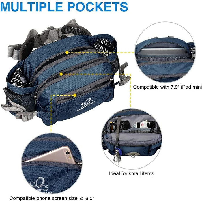 Водонепроникна поясна сумка Waterfly з відділенням для пляшки, регульованим ременем, кишенею для телефону, для хандрінігу, піших прогулянок, подорожей та кемпінгу (Темно-синій)