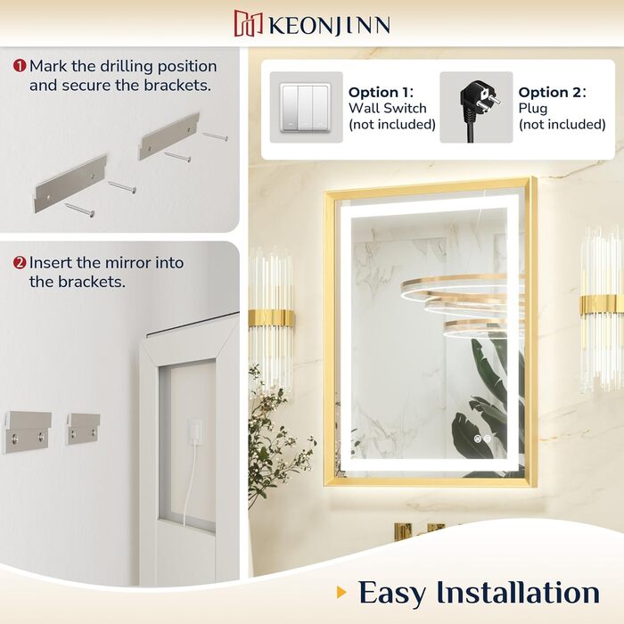 Дзеркало для ванної кімнати Keonjinn з підсвічуванням, чорний металевий каркас 60x80 см, LED, антизапар, сенсорне керування, 3 кольори світла, регулювання яскравості, пам'ять, настінне дзеркало