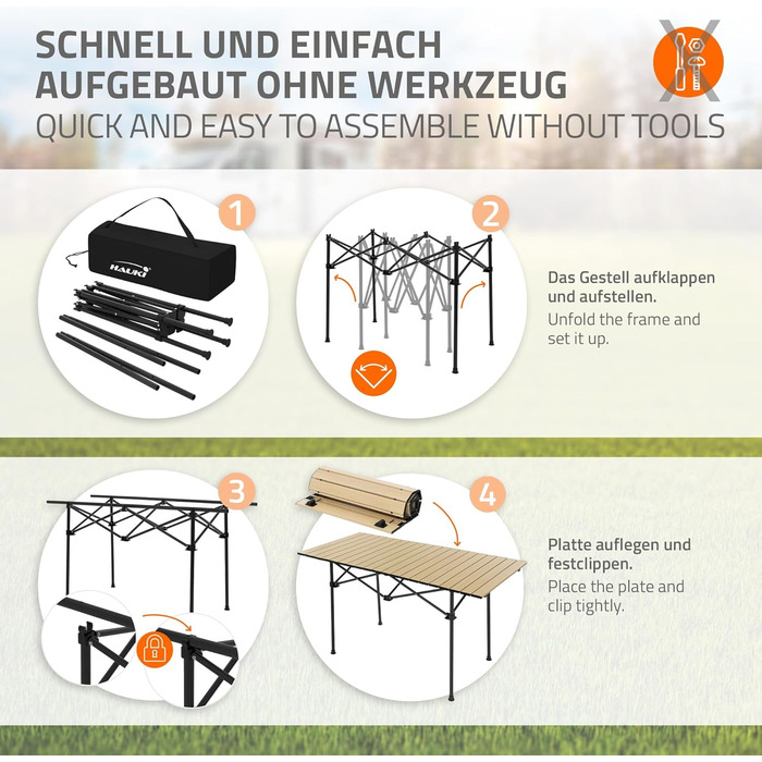 Стіл для кемпінгу Hauki, розкладний, коричневий, 118 x 55 x 64,5 см, алюмінієвий, з рулоючою стільницею, для відпочинку на природі, саду, балкону, подорожей, ринку, з сумкою (Бежевий (світле дерево))