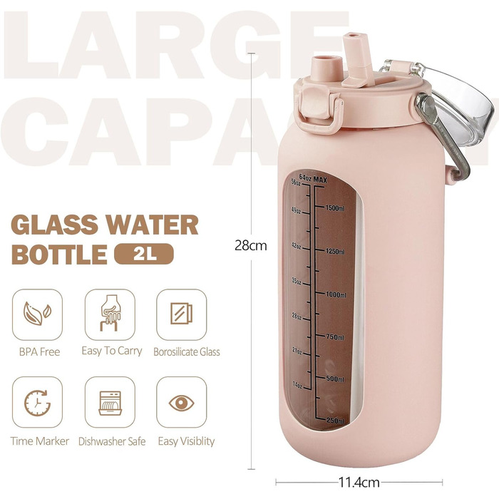 BLUEGO 2000ml Glass Water Bottle with Stainless Steel Handle and Time Marker 2L Motivation Glass Dryer with Silicone Sleeve and Straw for Gym, Office, Outdoors, Sports Water Bottles BPA-Free, (Amber)