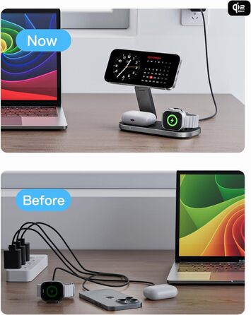 Бездротова зарядка 25W 3-в-1 з MagSafe, складана індуктивна магнітна зарядна станція для iPhone 17/Air/16/15/14/13/12, Apple Watch 10/9/8/7/6/SE/5/4/3 та AirPods Pro (з адаптером 35W), чорна