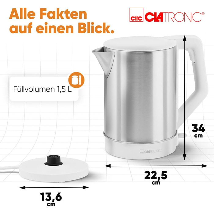 Електричний чайник Clatronic WKS 3692: нержавіюча сталь, 1,5 л, BPA free, з автовимкненням