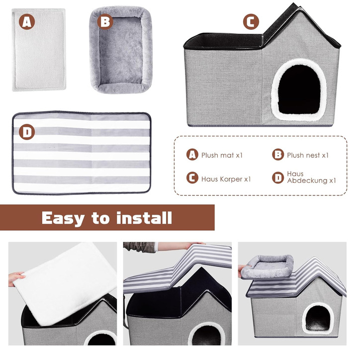 Cat House, Outdoor Cat Cave, Warm Dog Cave, Detachable Dog House with Washable Cushion and Platform, Outdoor Cat House, Cat Cave for Small and Medium Pets