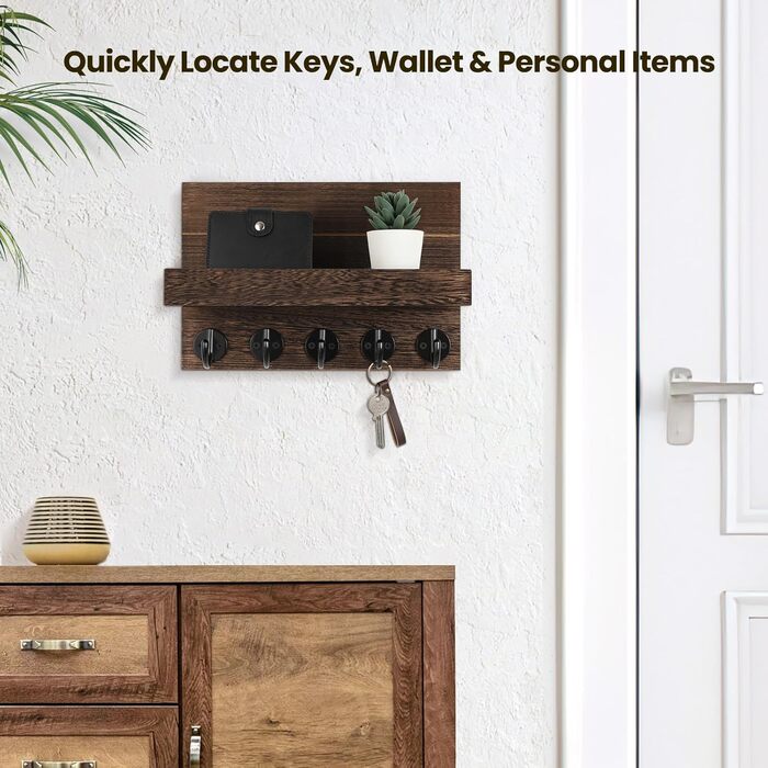Wall-Mounted Key Holder – 24.9 x 17 x 10.7 cm, Decorative Wall Shelf with Hooks for Keychains, Dog Leash, Wallet, Purse – Real Paulownia Wood, Entryway Shelf for