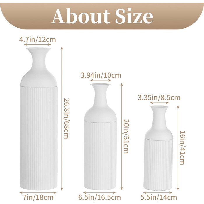 Large White Metal Floor Vase - Modern Textured Design, 68/51/41cm - Perfect for Pampas Grass, Living Room, Bedroom, Fireplace & Entryway