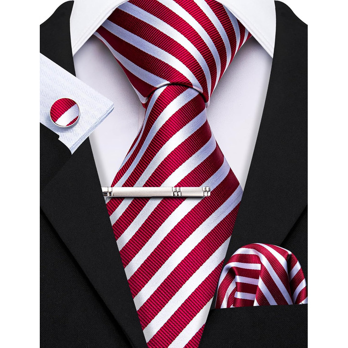Набір краваток Barry.Wang: шовкові краватки з квітковим візерунком Paisley, нагрудна хустинка, краваткові затискачі та манжетні кнопки. Червоно-білий смуговий дизайн для святкових та весільних подій