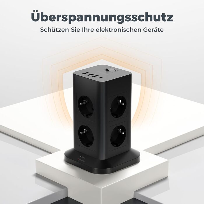 Многофункціональна мережева розетка TESSAN з 8 розеток, USB-C, захистом від перенапруги, вимикачем та кабелем 2м (3600W)