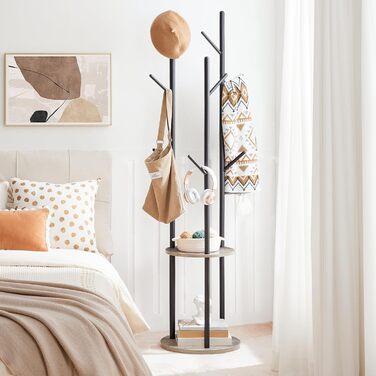 HOOBRO Coat Rack, Freestanding Clothes Rack, Tree-Shaped Wardrobe with 8 Hooks, 2 Round Shelves, for Clothes, Hat, Bag, Living Room, Bedroom, OfficeDark Brown-Black EBF33YM01G1 (Greige + Black)