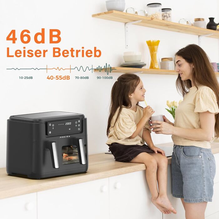 MECIGA Dual Zone Air Fryer, Double Chamber Air Fryer with Viewing Window, Transformable Hot Air Fryer, 12L Large Air Fryer, 2 Drawers, Oil-Free Fryer, Dishwasher Safe, 2400W, Black