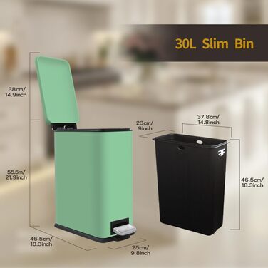 Відро для сміття кухонне 30 літрів з м'яким закриттям, зелене, з педаллю