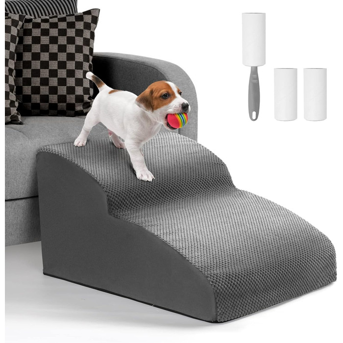 Lannvan Dog Stairs for Small Dogs, 2 Steps Pet Stairs Cat Stairs, Sponge Dog Ramp for Sofa Bed, Dog Steps with Removable Cover, Washable Pet Ladder, Lint Roller Included, Grey