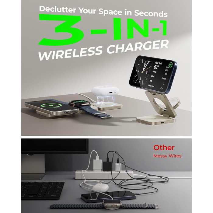 Зарядний пристрій 3-в-1 LULULOOK Ultra Kompakt Qi2.2 25W MagSafe для iPhone 17/16, Apple Watch та AirPods, GaN 45W, Титан