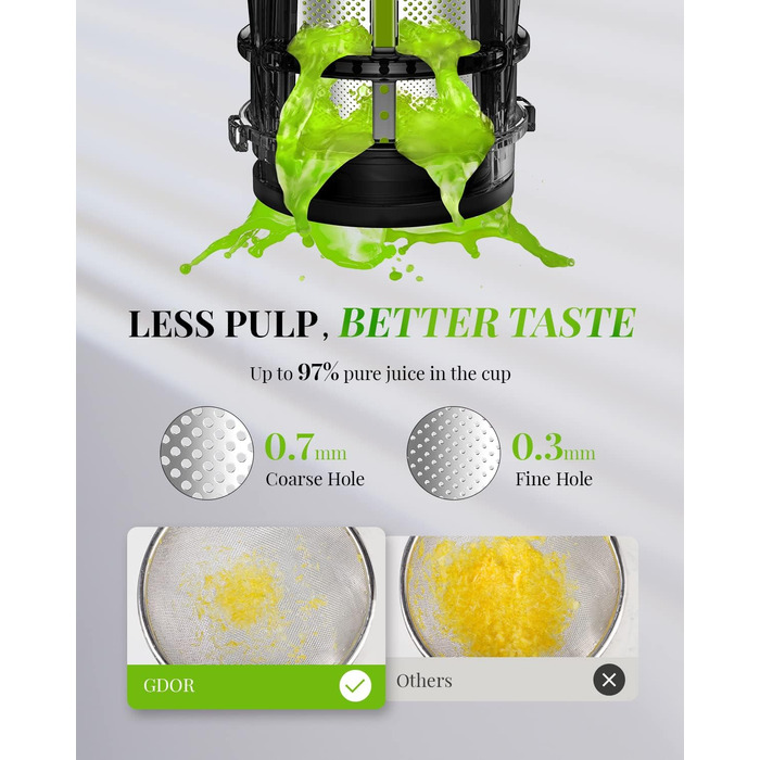 GDOR Compact Juicer - Powerful Juicer, Slow Juicer, Easy-to-Clean Juicer Machine, Quiet Juicer for Fruits and Vegetables, 600 ml, High Juice Yield, Includes Brush, BPA-Free Silver