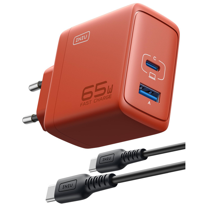Зарядний пристрій INIU 65W USB-C + USB-A GaN, швидка зарядка для MacBook, iPad, iPhone, Samsung Galaxy, Pixel (Помаранчевий)