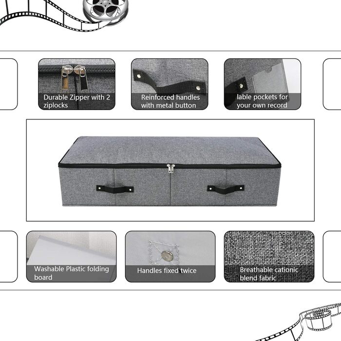 Складана коробка для зберігання під ліжком з ручкою, блискавкою, для ковдр, одягу, постільної білизни, 90×42×18 см, чорно-сіра