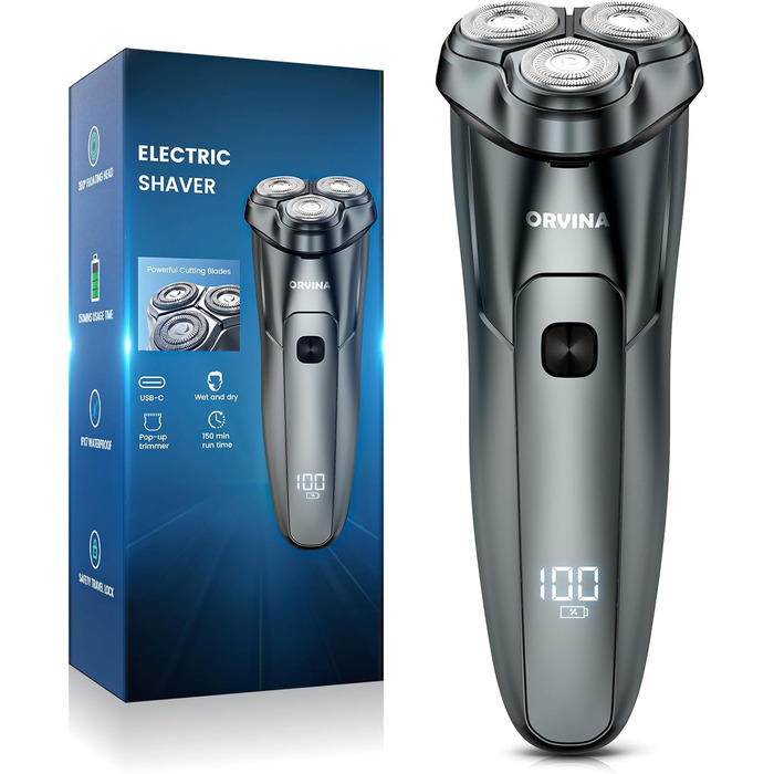 Електричний чоловічий бритва: бездротовий ротаційний бритва з LED-дисплеєм, IPX7, вологостійкий (сріблястий) H9