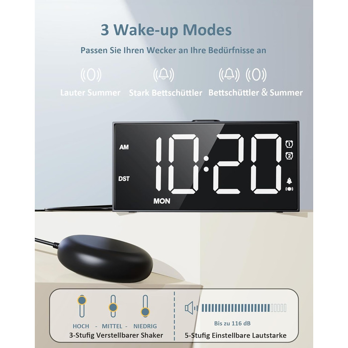 Digital Alarm Clock, Loud Vibration Alarm with Bed Shaker, Loud Alarm for Deep Sleepers, Large Display, Adjustable Volume & Brightness, Dual Alarm, Snooze, USB Charger, Easy Operation