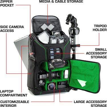 Рюкзак для камери USA Gear DSLR, фоторюкзак з захистом від ударів, кишеня для ноутбука 43,18 см, водонепроникний, регульоване сховище для об'єктивів та тринога (зелений)