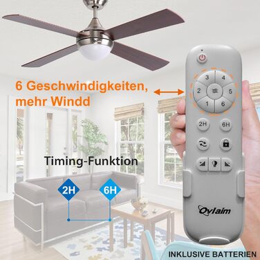 Стеляний вентилятор Ovlaim 122 см з регульованою LED-підсвіткою та пультом керування, коричневий, 6 швидкостей, DC мотор, тихий, для спальні/тераси