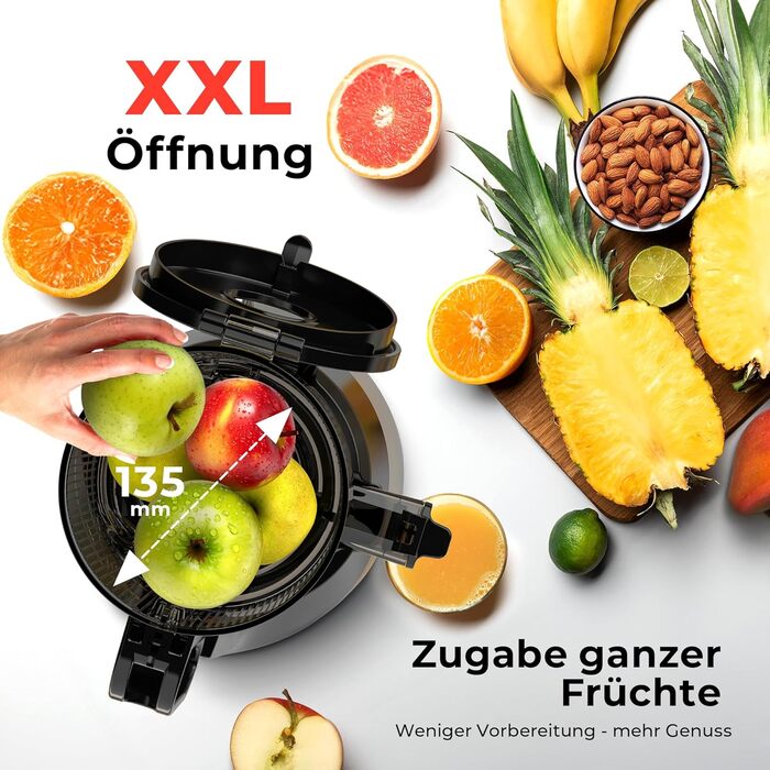 Balter Slow Juicer, Large 108mm Opening, 250 Watts, Juicer for Vegetables and Fruits, Fruit Press, BPA Free, Quiet